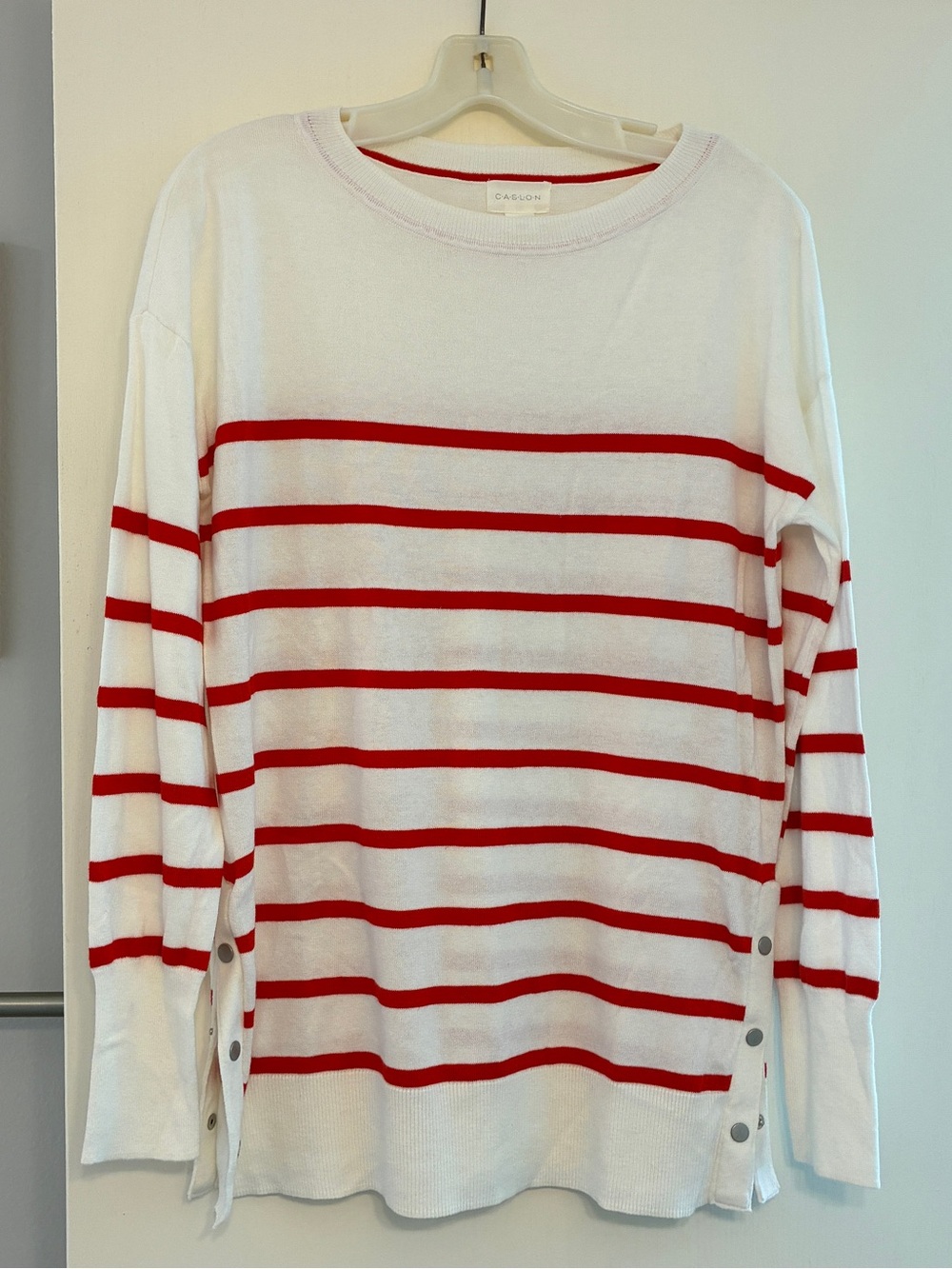 Caslon White Sweater with Red Stripes and Side Buttons Nautical